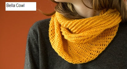 Bella Cowl knit in Urth Yarns' Harvest Worsted in color Buckthorn