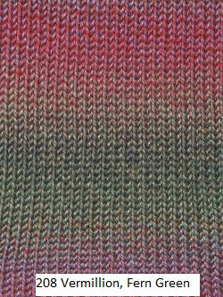 Painted Sky yarn from Knitting Fever. Color #208 Vermillion, Fern Green