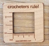 Katrinkles Gauger with "Crocheters Rule!" 3.25 x 3.25"