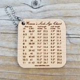 Katrinkles Mini Tool, Women's Sock Size Chart.  Made with domestic Cherry Wood.