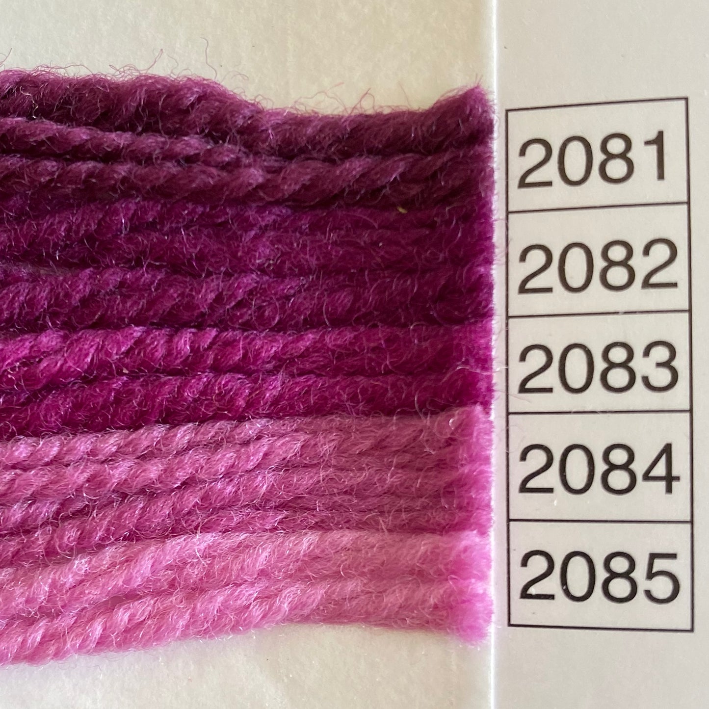 Waverly Wool Needlepoint Yarn color shade sample for #2081 to 2085