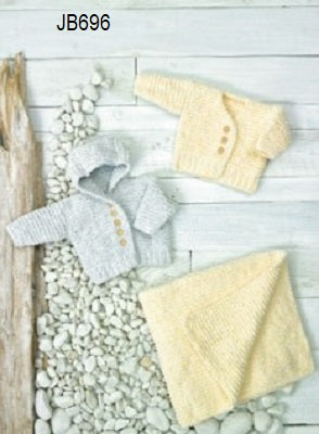 Hoodie, Sweater and Blanket pattern leaflet JB696. For Baby Velvet from James Brett.