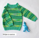 Universal Yarn Stripe-o-saurus Childs pullover. Knit is Bamboo Pop yarn.