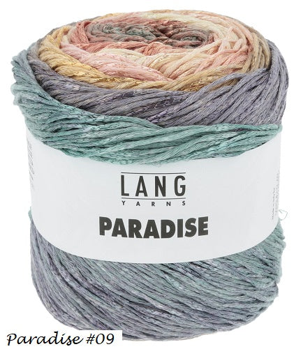 Paradise Yarn from Lang. A long color changing yarn for knit or crochet. Cake in color #09