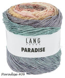 Paradise Yarn from Lang. A long color changing yarn for knit or crochet. Cake in color #09