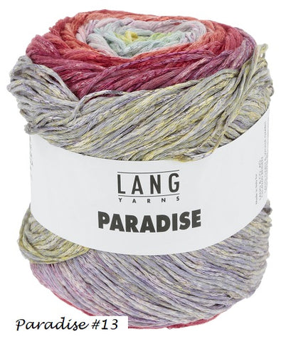 Paradise Yarn cake in colorway #13. Lang yarn's long color changer in Sport Weight