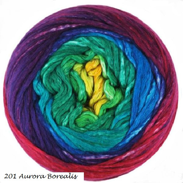 Cumulus Rainbow Yarn from Juniper Moon Farm. Colore #201 Aurora Borealis