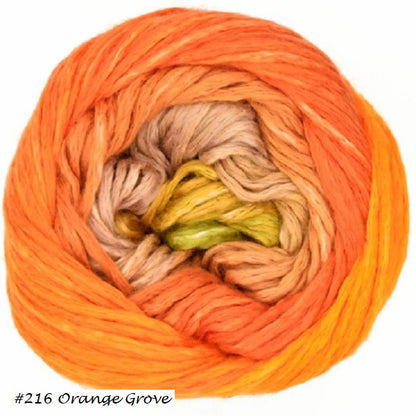 Cumulus Rainbow Yarn from Juniper Moon Farm. Color #216 Orange Grove