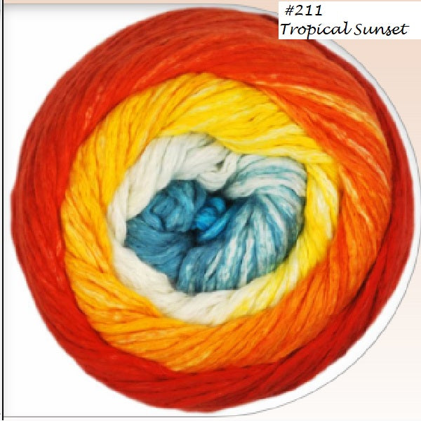 Cumulus Rainbow Yarn from Juniper Moon Farm, A long color change in #211 Tropical Sunset