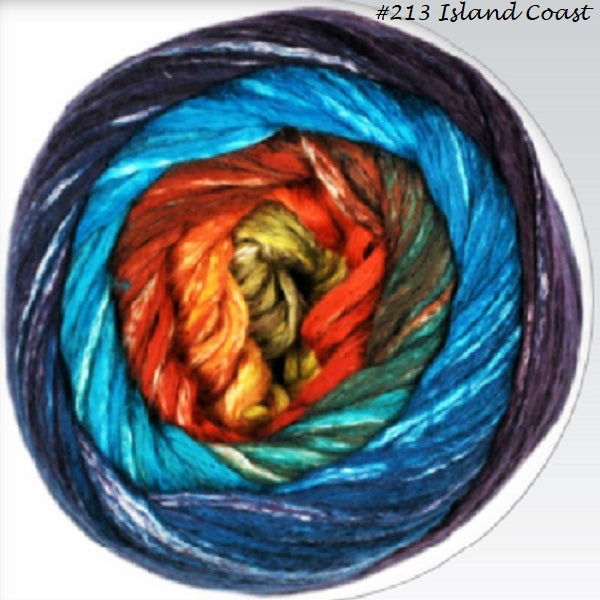 Cumulus Rainbow Yarn from Juniper Moon Farm. A worsted cotton in a long color change, #213 Island Coast.
