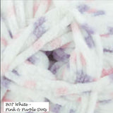 Flutterby Chunky Yarn from James C Brett.  In color #Bo7 White with Pink and Purple Dots