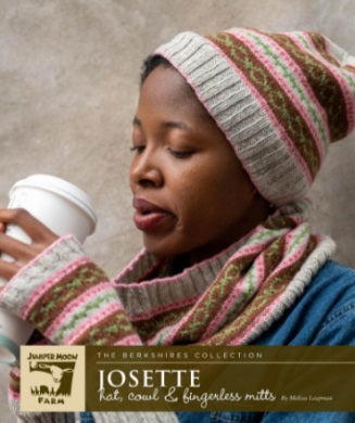 Josette Cowl. Hat and Fingerless Mitts Knit Pattern. For Patagonia Organic Merino Yarn from Juniper Moon Farms