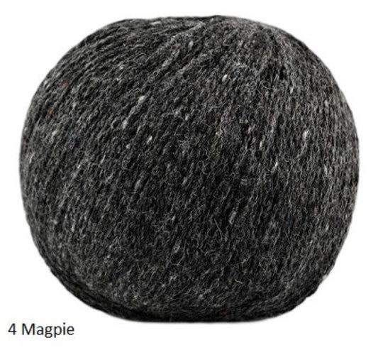 Jody Long's Alba Yarn in colorway #4 Magpie. A DK weight in Merino, Alpaca and Viscose.