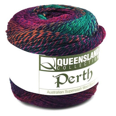 Perth Yarn from Queensland. A long color Changing fingering yarn in superwash wool and nylon.