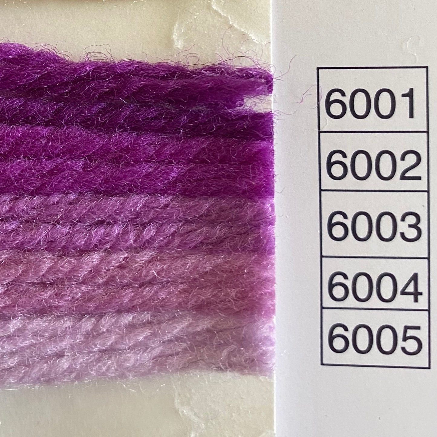 Waverly Wool Needlepoint Yarn color shade sample for #6001 to 6005