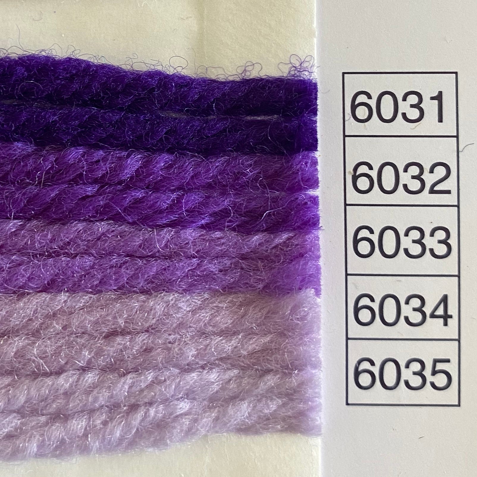 Waverly Wool Needlepoint Yarn color shade sample for #6031 to 6035