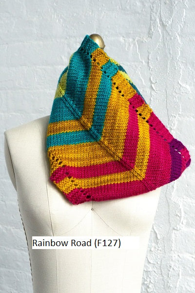 Rainbow Road Cowl, knitted in Manos Del Uruguay Alegria Grande Yarn.