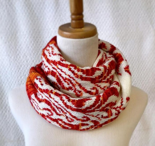 Fire Cowl. An Idea Studio pattern for hand dyed fingering yarn.